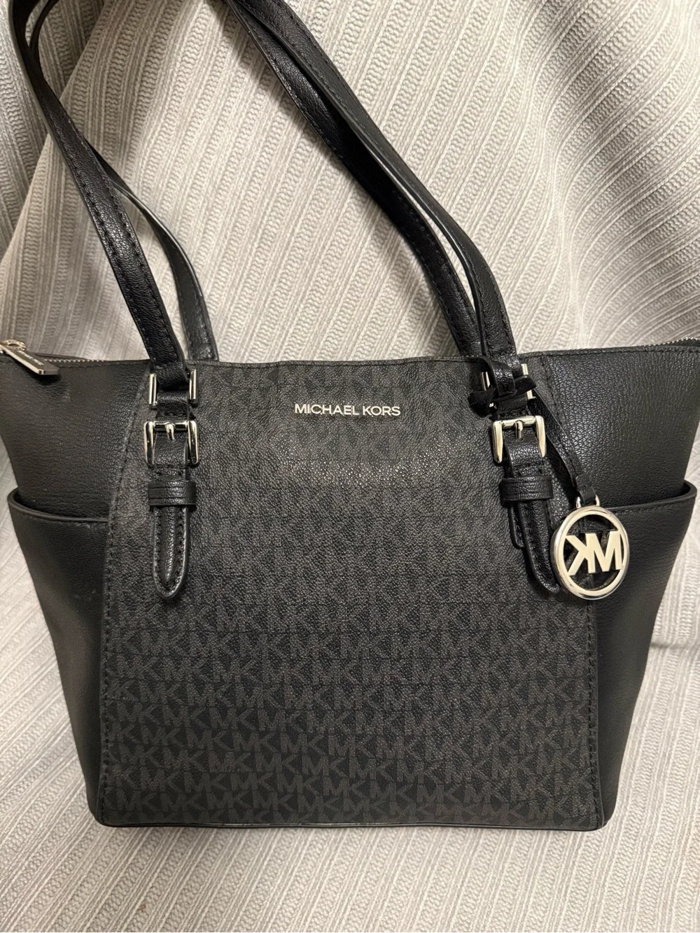 Michael Kors Black MK Signature Tote with Gold-Tone Charm